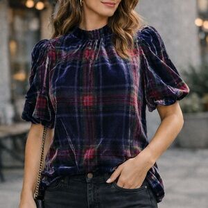 Boden Velvet Plaid Puff Sleeve Top - Navy, Red & Green size US 4 UK 8